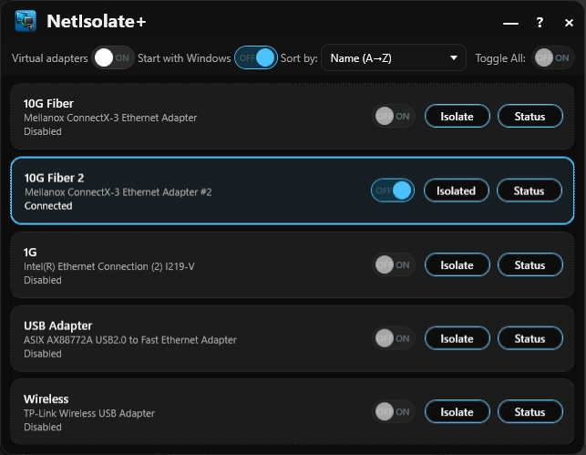 NetIsolate+ network management interface